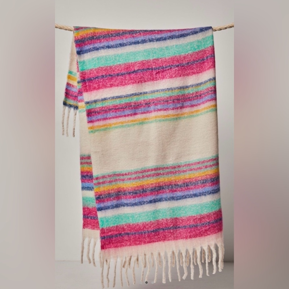 NWT Free People Fringe Throw Blanket 60x51 in Skye Stripe Ivory New $78 retail - Picture 2 of 8